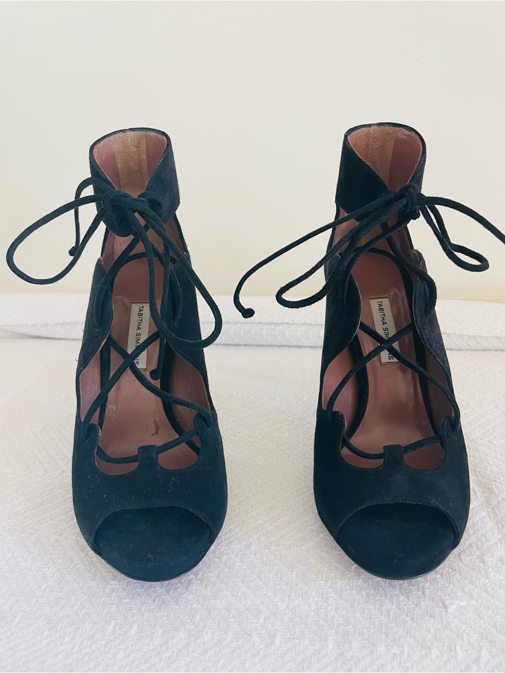 Tabitha Simmons Black Suede Lace-Up Peep Toe Bootie Heels